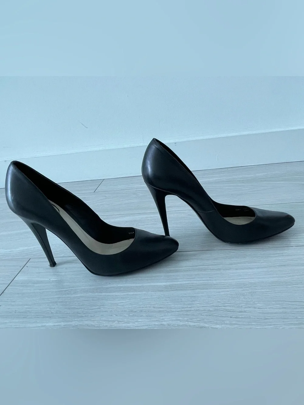 Zara Black Genuine Leather Rounded Point Toe Stiletto Pumps Size 40